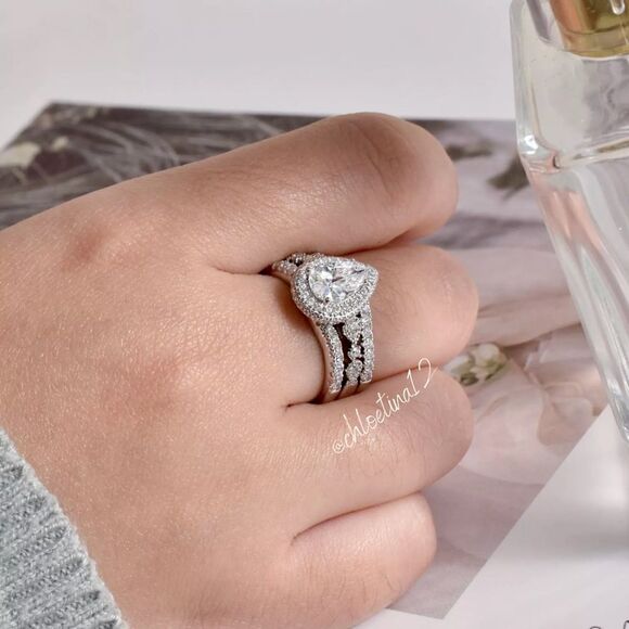 3 Ct Halo Pear Shape Wedding Engagement Band Enhancer Ring Set Sterling Silver - Picture 8 of 9